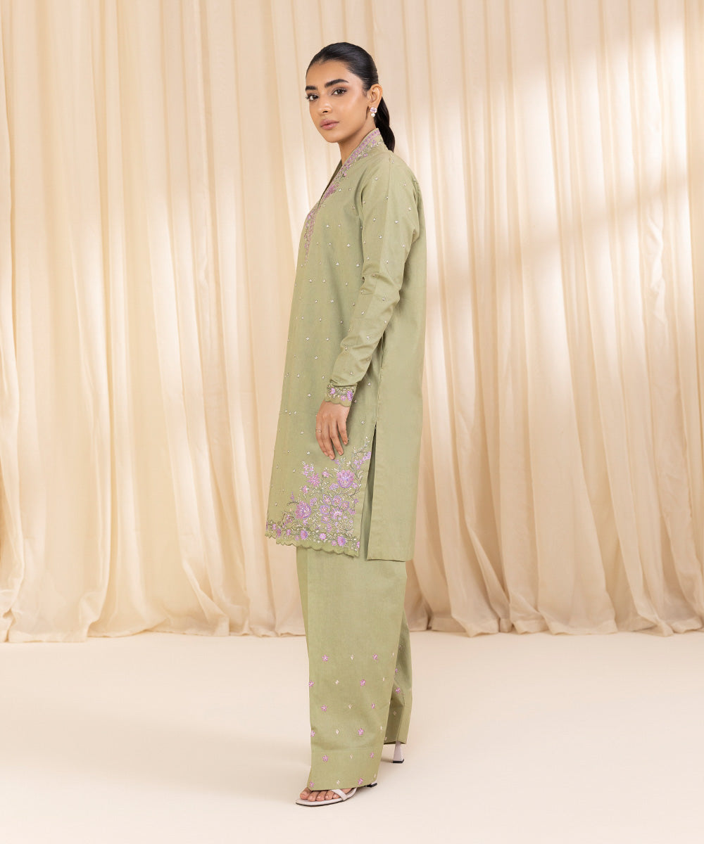 Women's Unstitched Embroidered Pistachio Green Cambric Shirt and Trousers