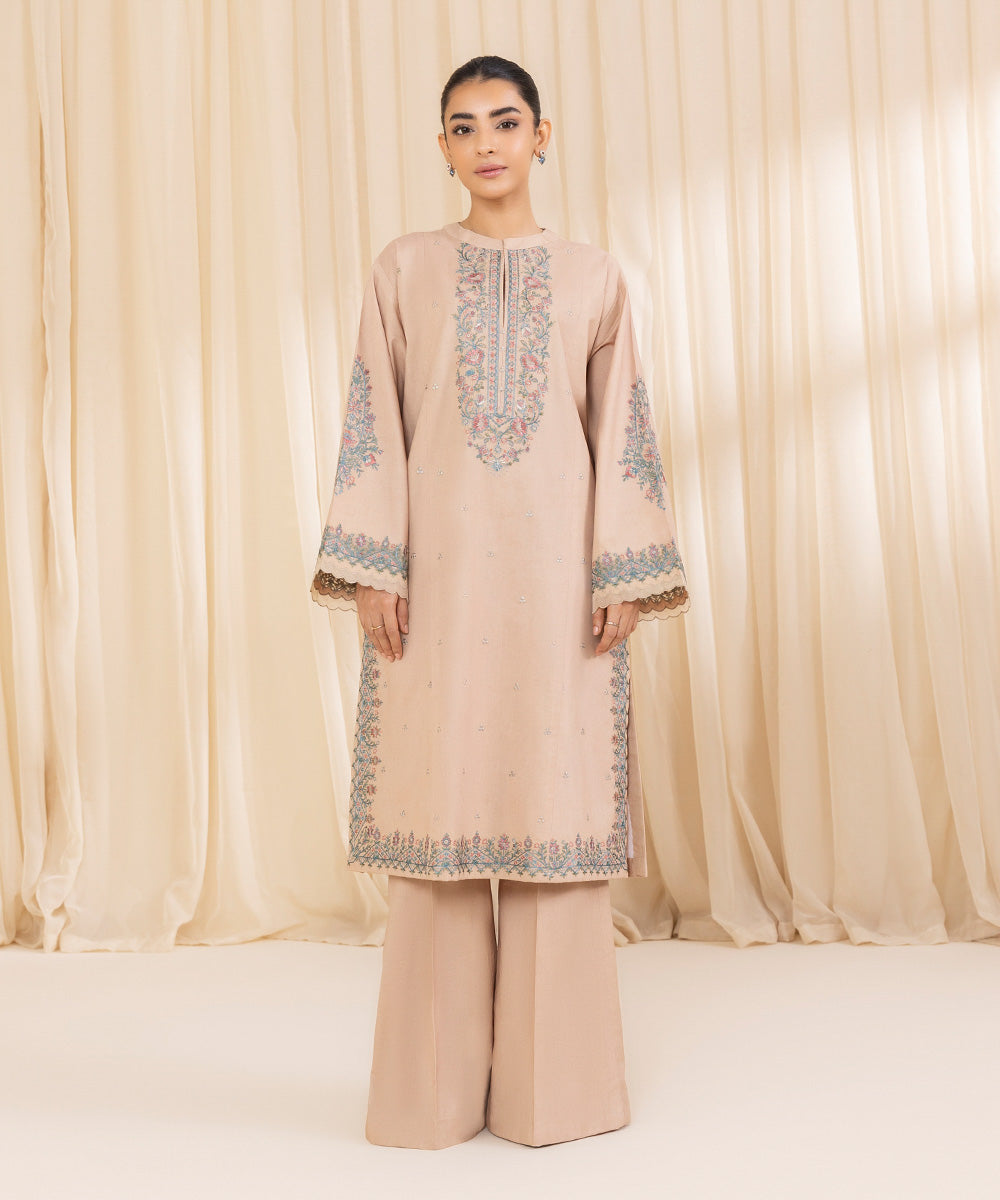 Women's Unstitched Embroidered Beige Cambric Shirt and Trousers