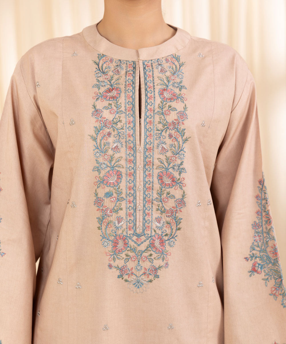 Women's Unstitched Embroidered Beige Cambric Shirt and Trousers