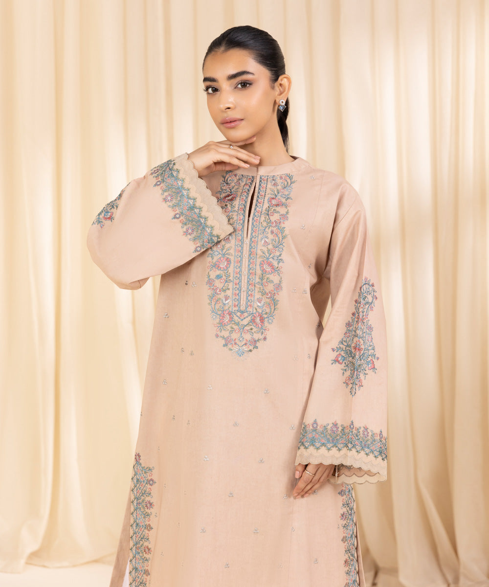 Women's Unstitched Embroidered Beige Cambric Shirt and Trousers