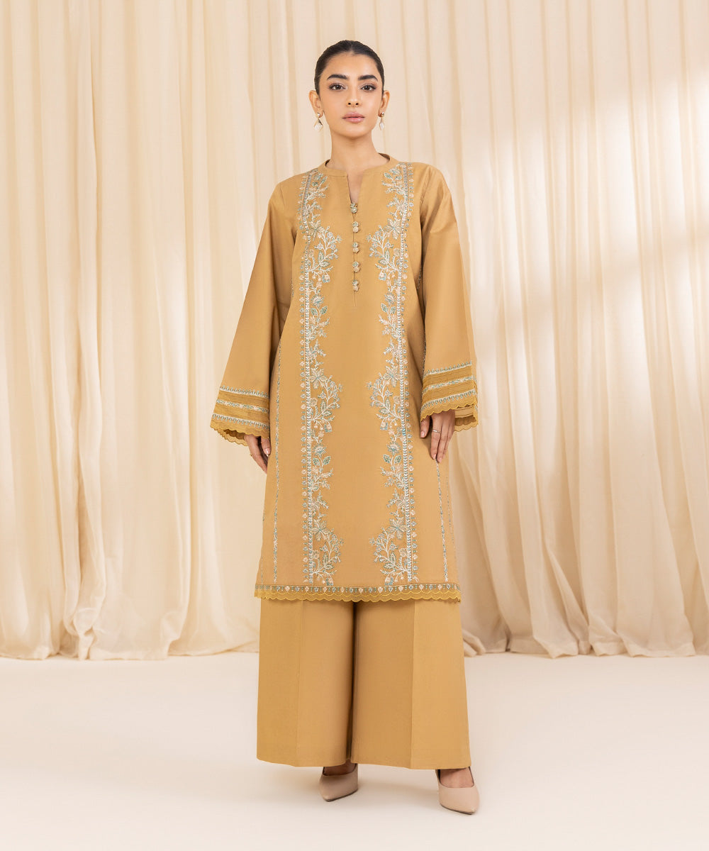 Women's Unstitched Embroidered Mustard Yellow Cambric Shirt and Trousers