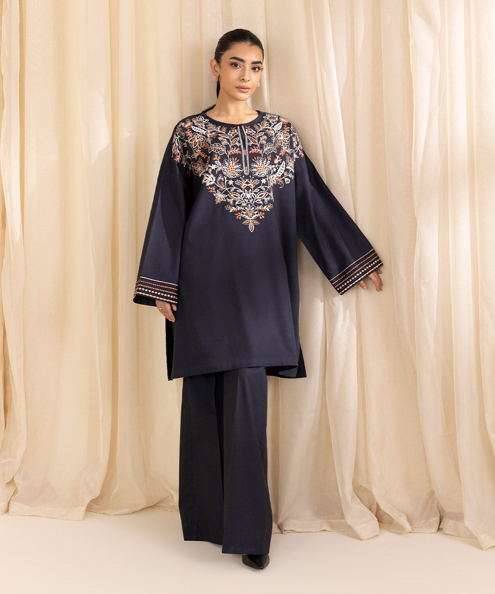 Women's Unstitched Embroidered Black Cambric Shirt and Trousers