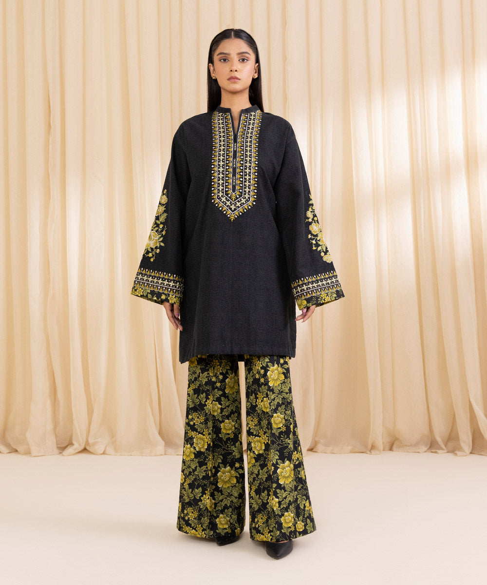 Women's Unstitched Embroidered Black Khaddar Shirt and Dupatta