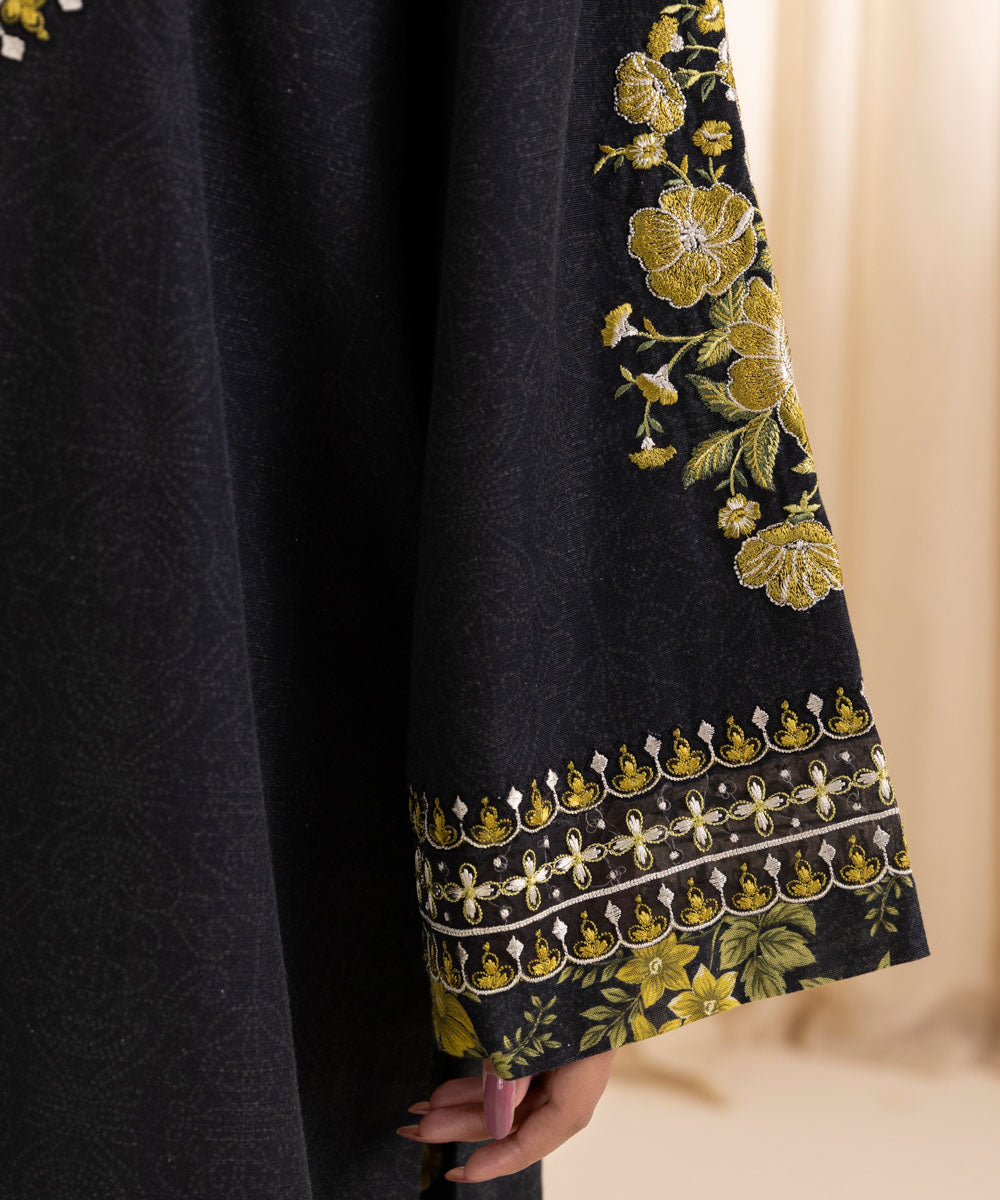 Women's Unstitched Embroidered Black Khaddar Shirt and Dupatta