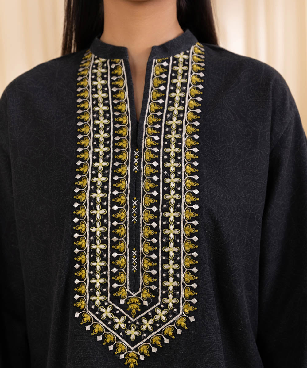 Women's Unstitched Embroidered Black Khaddar Shirt and Dupatta