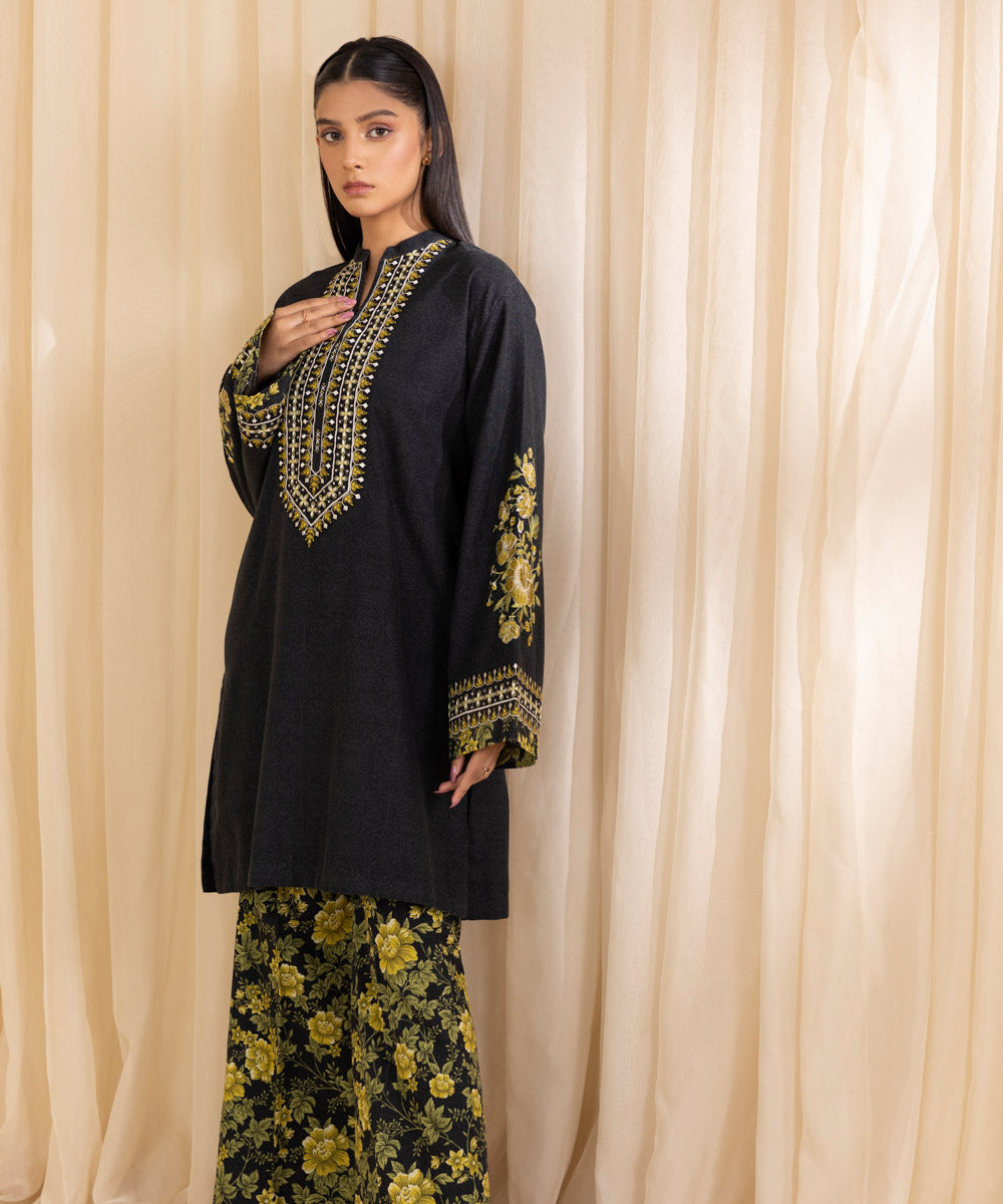 Women's Unstitched Embroidered Black Khaddar Shirt and Dupatta