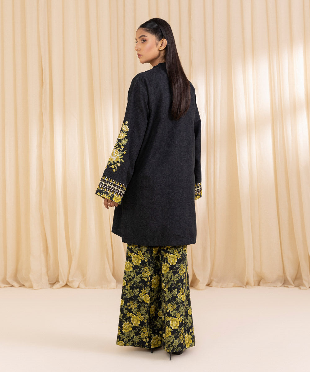 Women's Unstitched Embroidered Black Khaddar Shirt and Dupatta