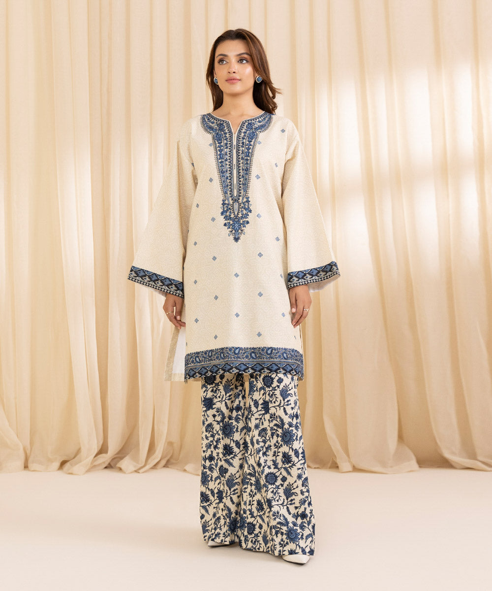 Women's Unstitched Embroidered Ivory Khaddar Shirt and Dupatta