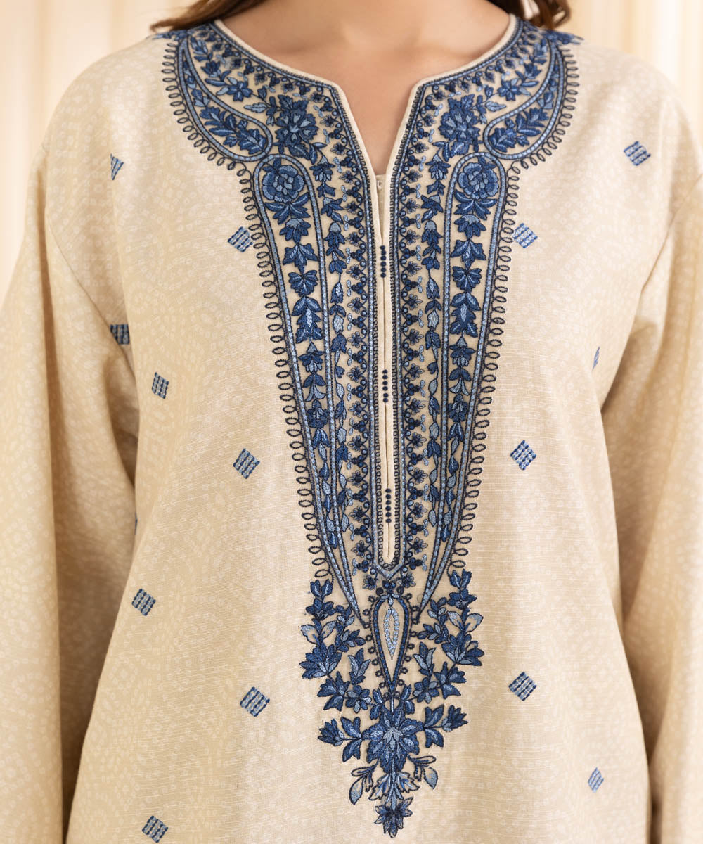 Women's Unstitched Embroidered Ivory Khaddar Shirt and Dupatta