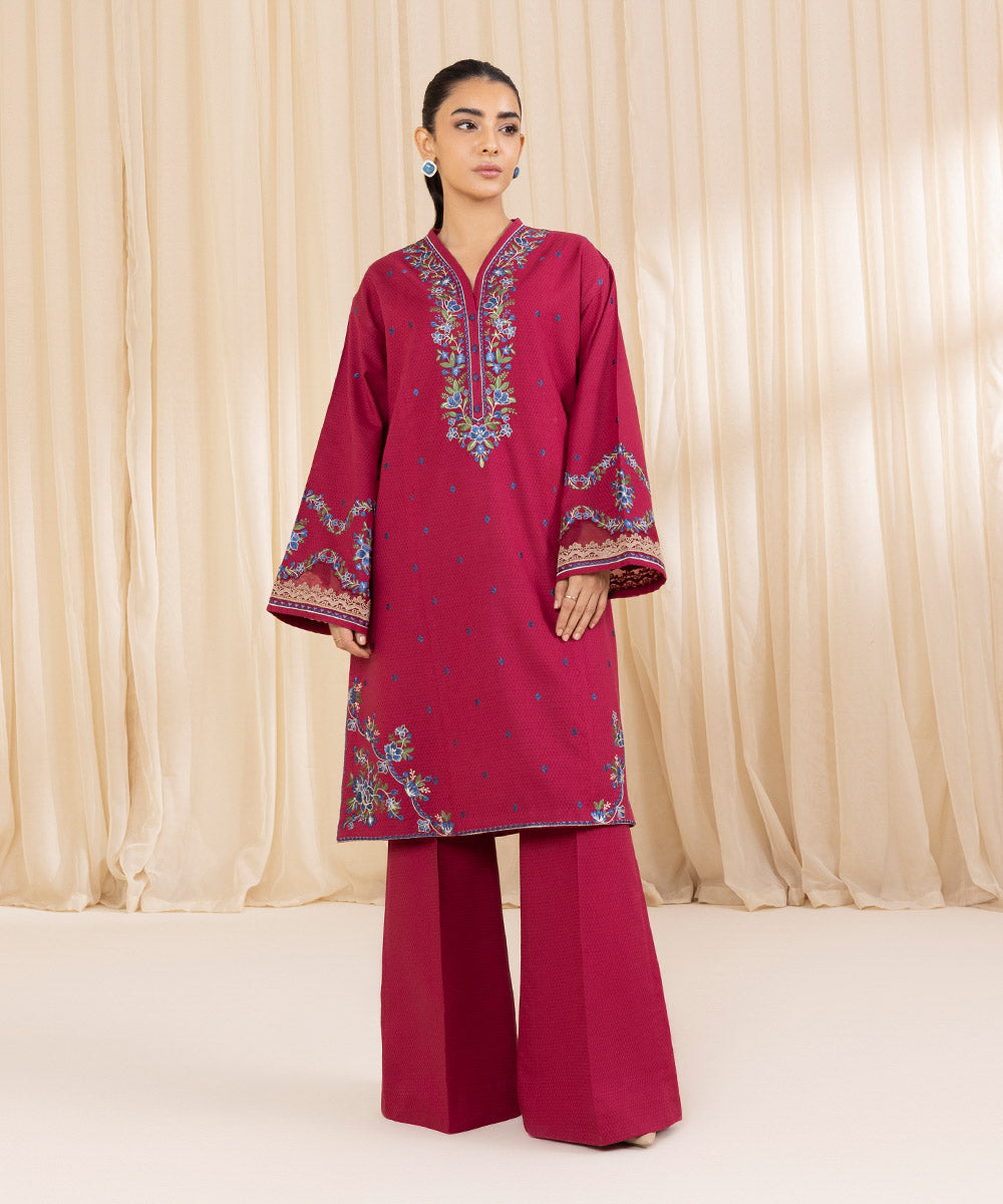 Women's Unstitched Embroidered Mulberry Dobby Shirt and Trousers