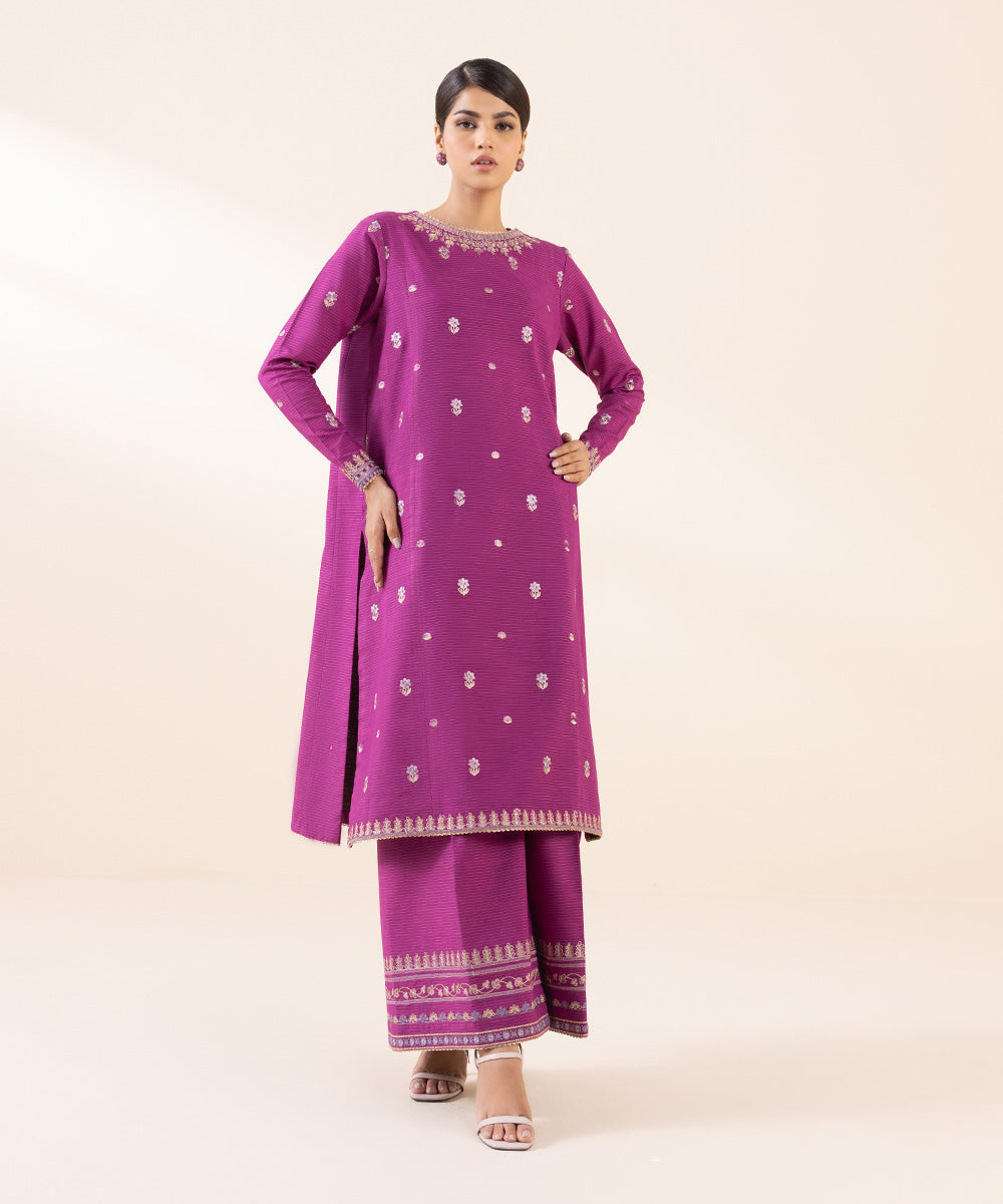 Women's Unstitched Zari Khaddar Purple Embroidered 2 Piece Suit 