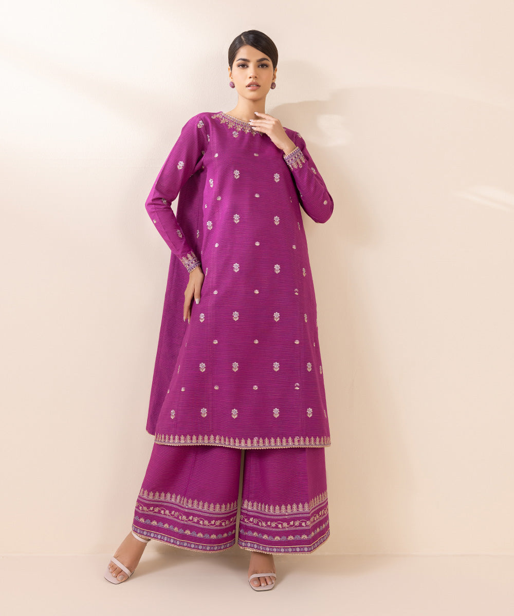 Women's Unstitched Zari Khaddar Purple Embroidered 2 Piece Suit 