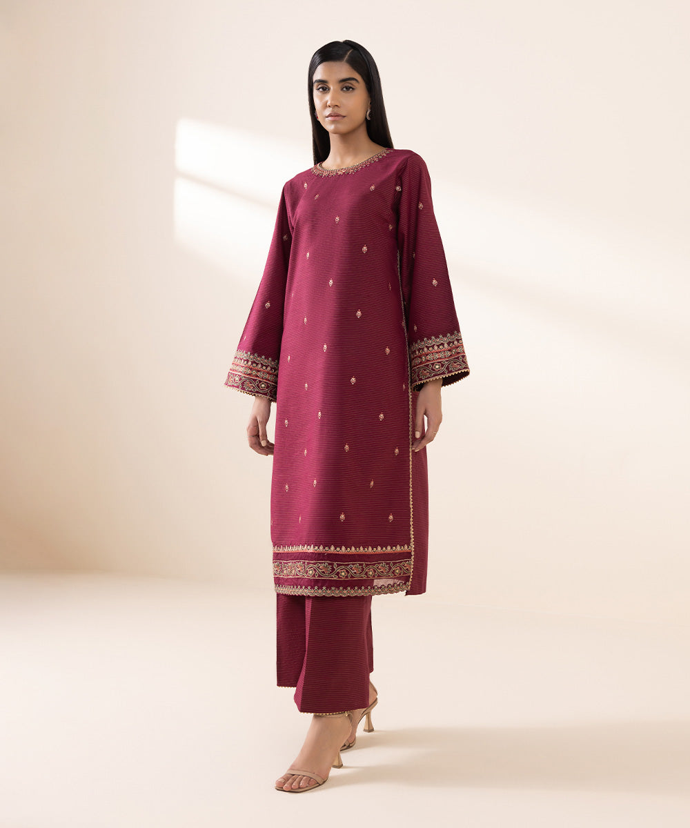 Women's Unstitched Zari Khaddar Red Embroidered 2 Piece Suit 