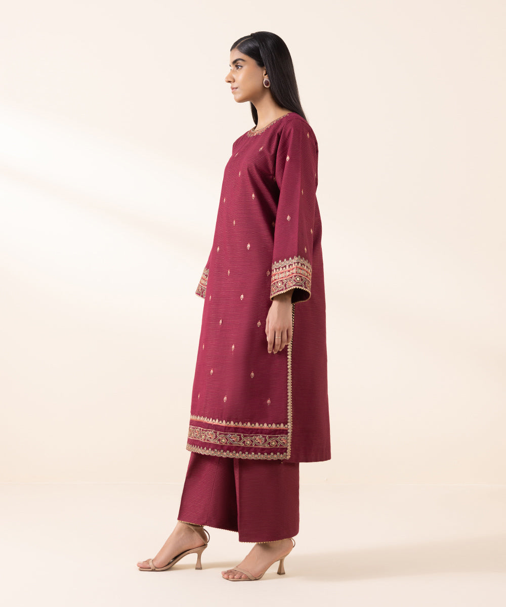 Women's Unstitched Zari Khaddar Red Embroidered 2 Piece Suit 