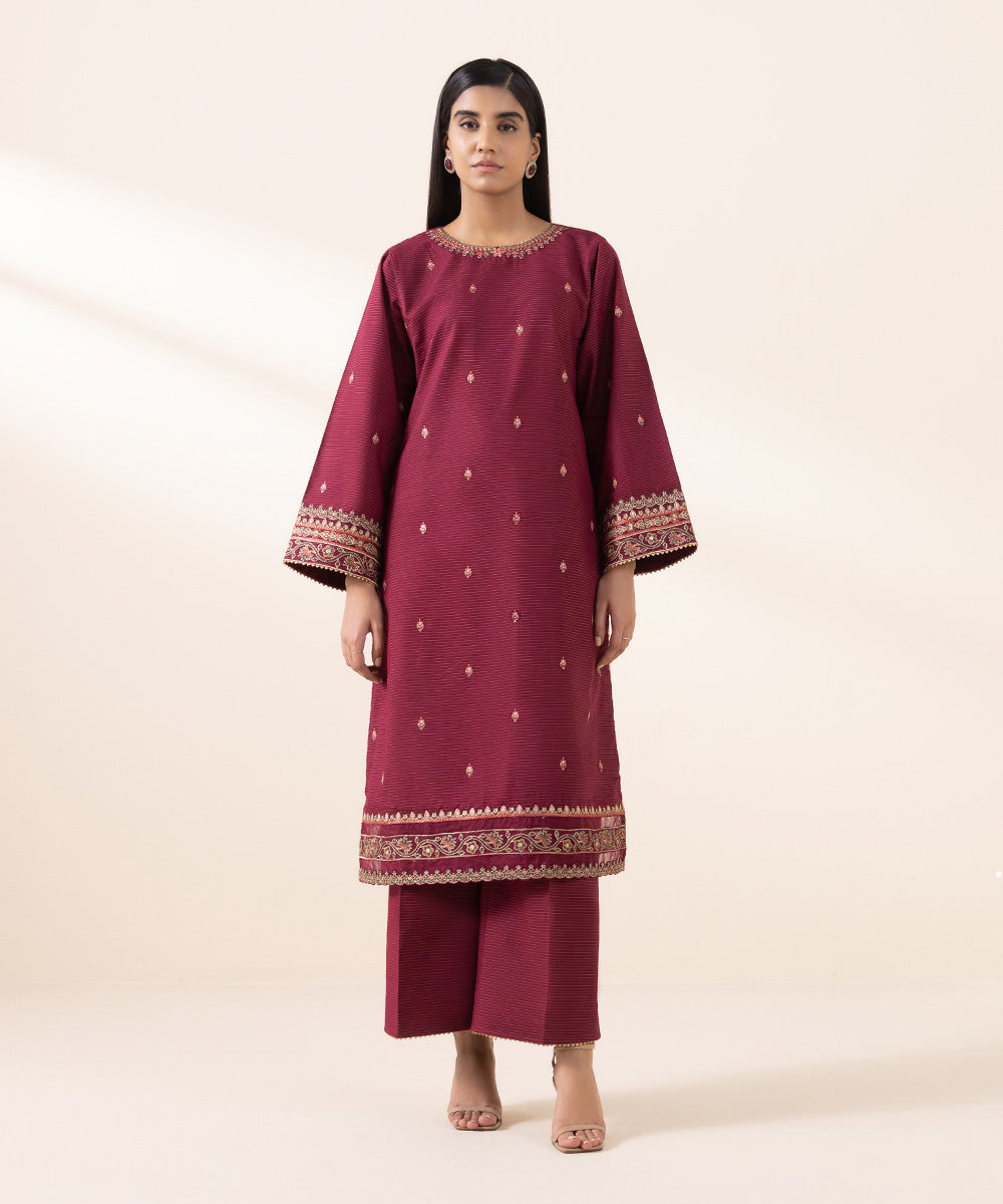 Women's Unstitched Zari Khaddar Red Embroidered 2 Piece Suit 