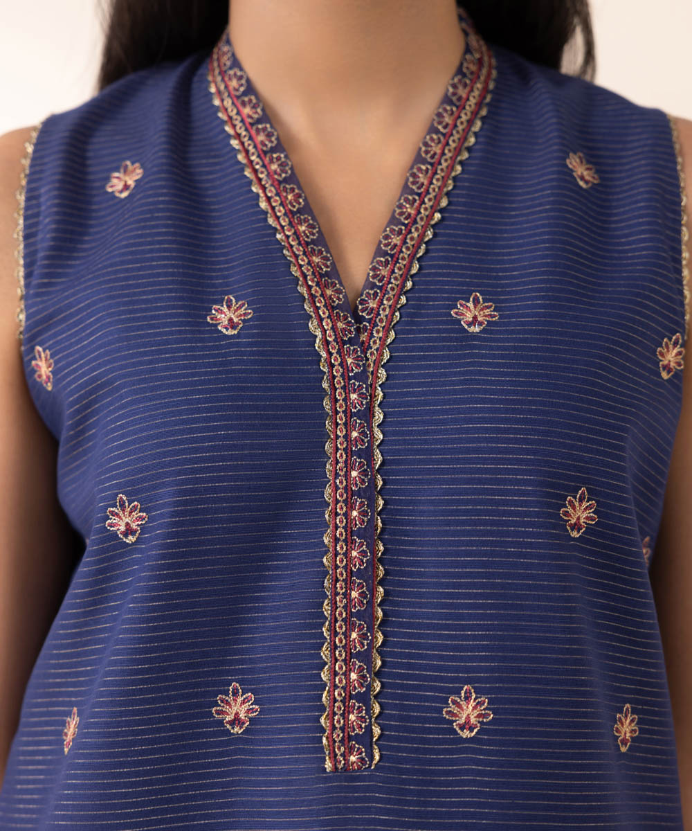 Women's Unstitched Zari Khaddar Blue Embroidered 2 Piece Suit 