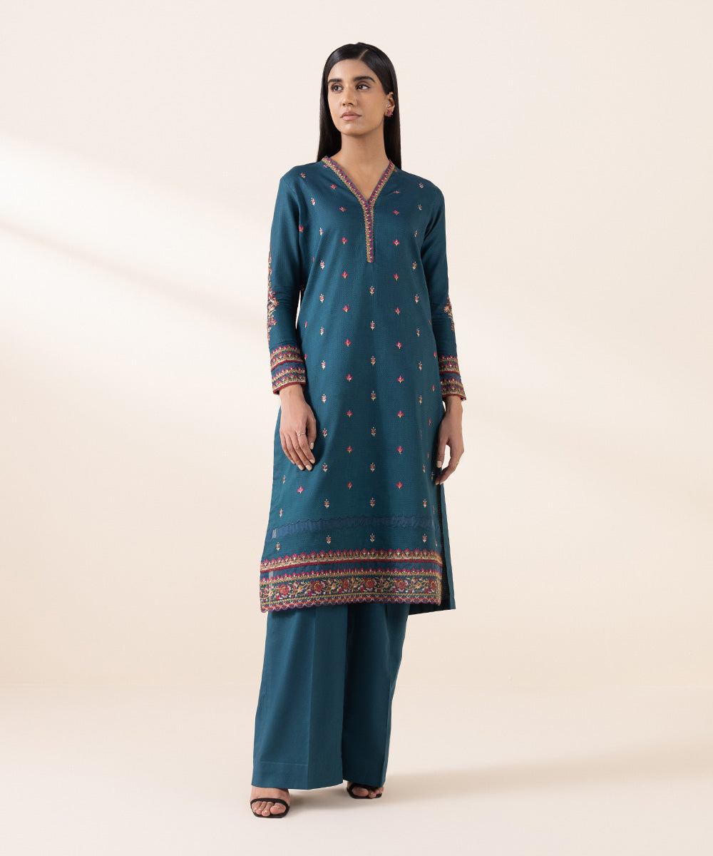 Women's Unstitched Dobby Blue Embroidered 2 Piece Suit 