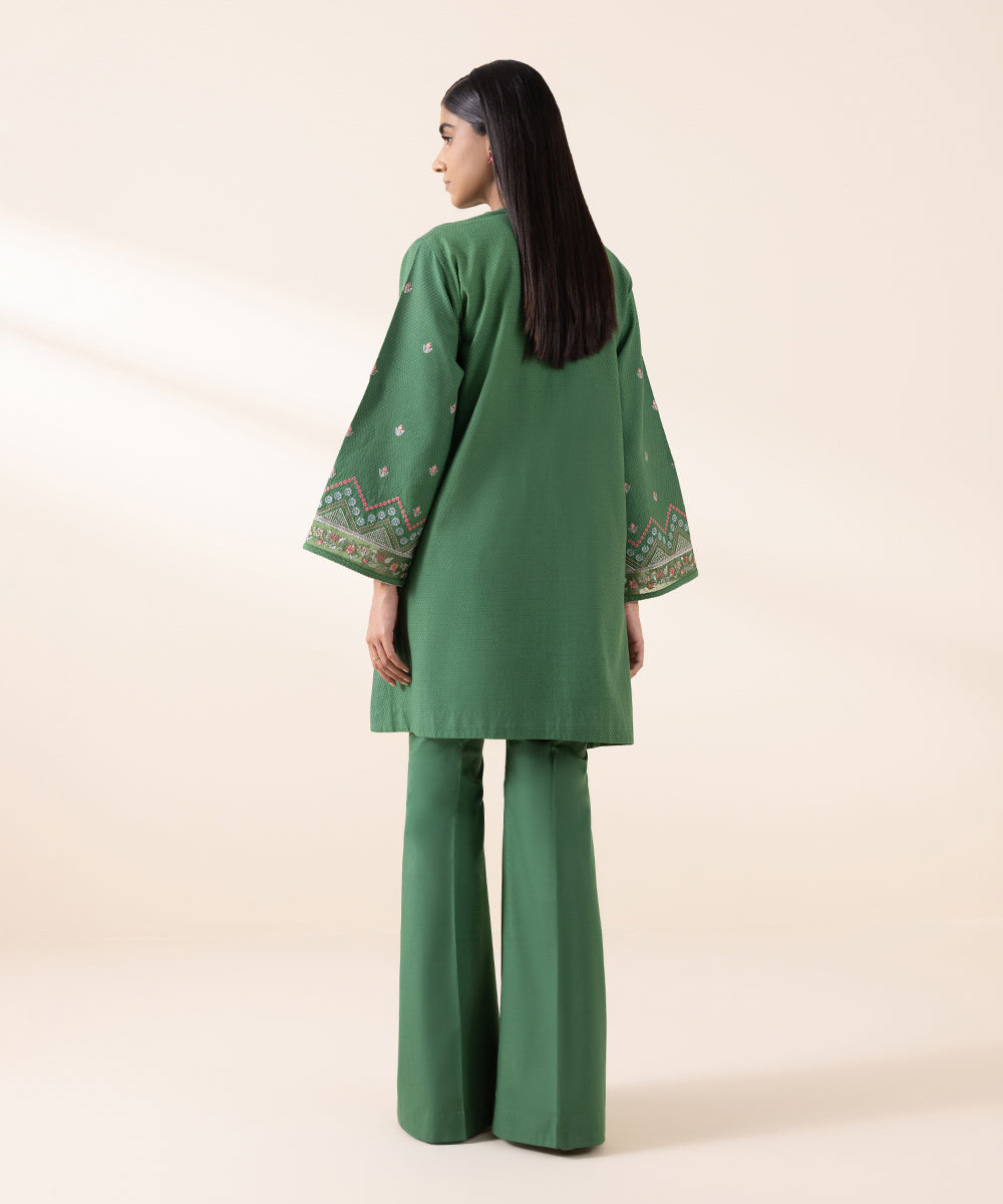 Women's Unstitched Dobby Green Embroidered 2 Piece Suit 