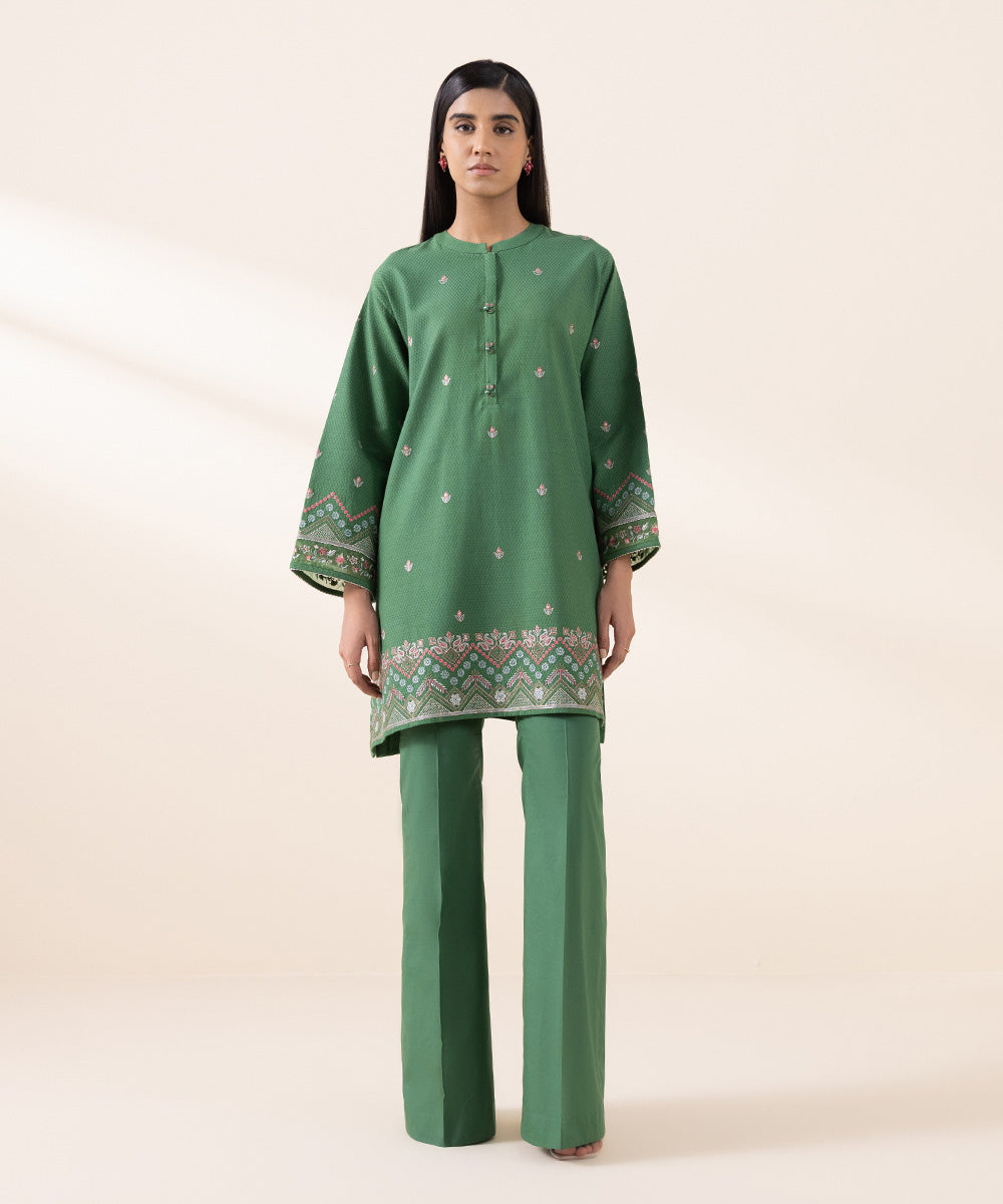 Women's Unstitched Dobby Green Embroidered 2 Piece Suit 