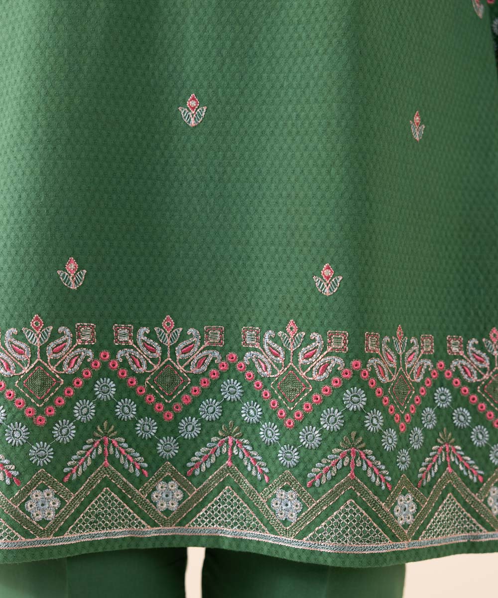 Women's Unstitched Dobby Green Embroidered 2 Piece Suit 