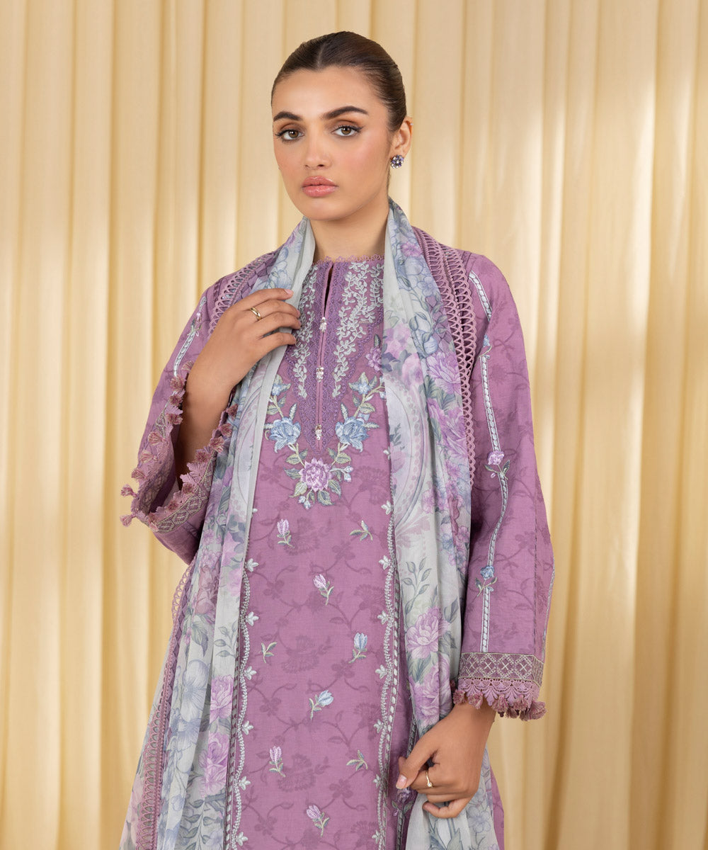 Unstitched Women's Purple Cotton Jacquard 3 Piece Suit