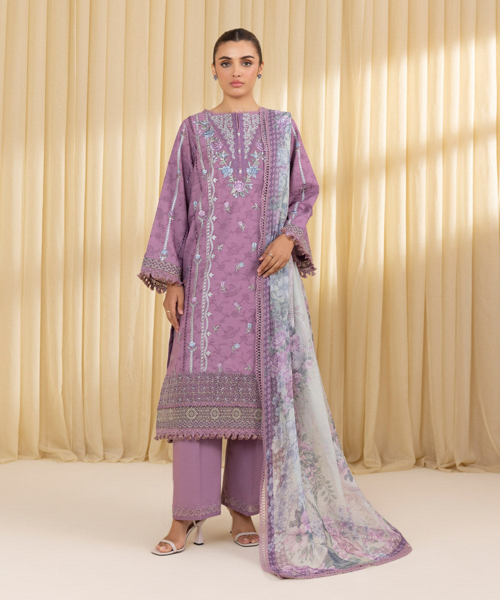 Unstitched Women's Purple Cotton Jacquard 3 Piece Suit
