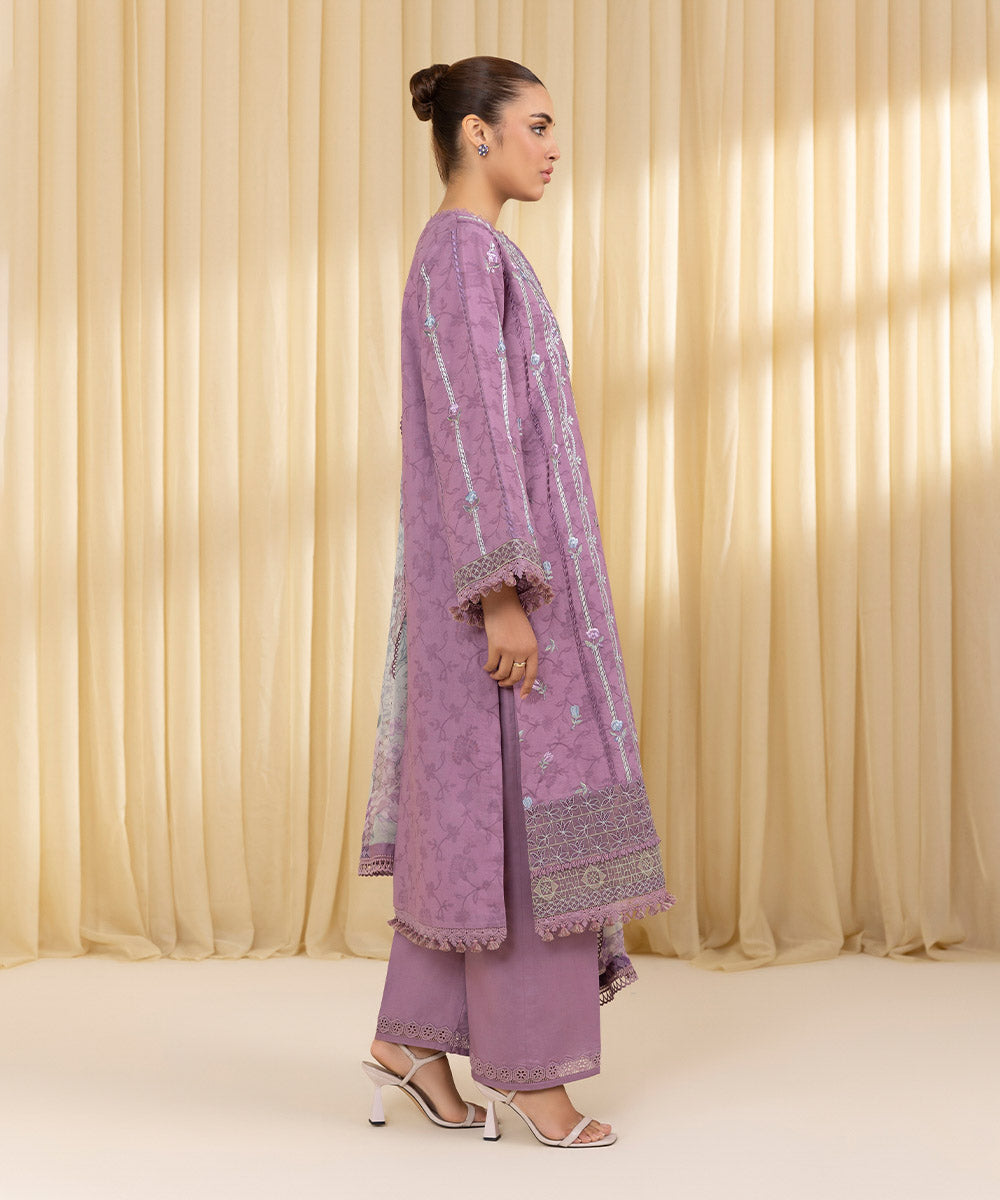 Unstitched Women's Purple Cotton Jacquard 3 Piece Suit
