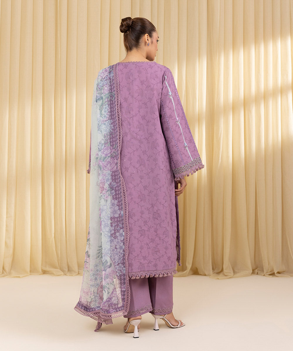 Unstitched Women's Purple Cotton Jacquard 3 Piece Suit