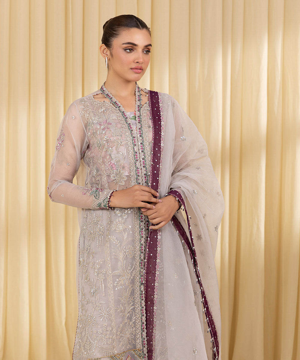 Unstitched Women's Grey Blended Organza 3 Piece Suit
