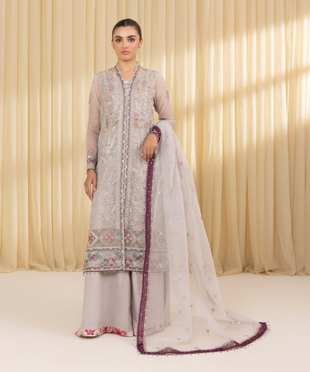 Unstitched Women's Grey Blended Organza 3 Piece Suit