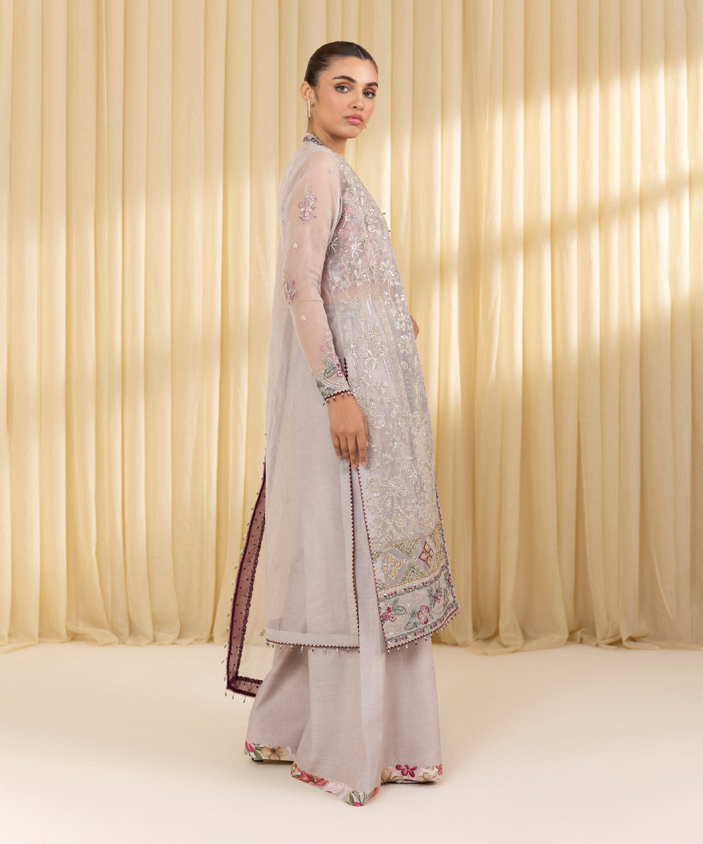 Unstitched Women's Grey Blended Organza 3 Piece Suit