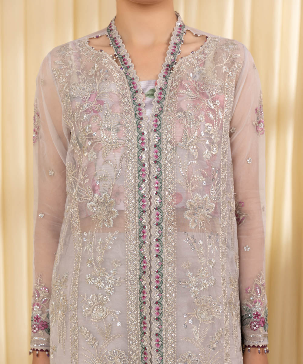 Unstitched Women's Grey Blended Organza 3 Piece Suit