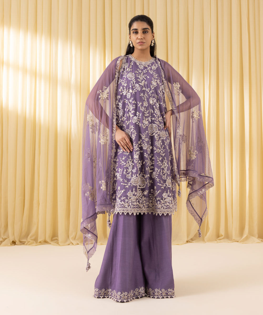 Unstitched Women's Purple Net Embroidered 3 Piece Suit 