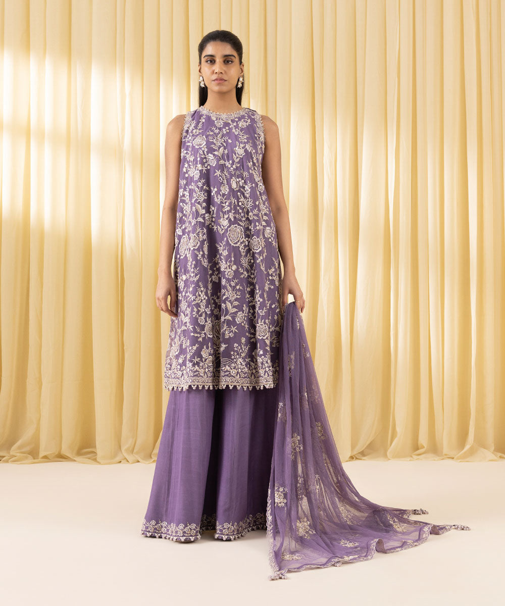 Unstitched Women's Purple Net Embroidered 3 Piece Suit 