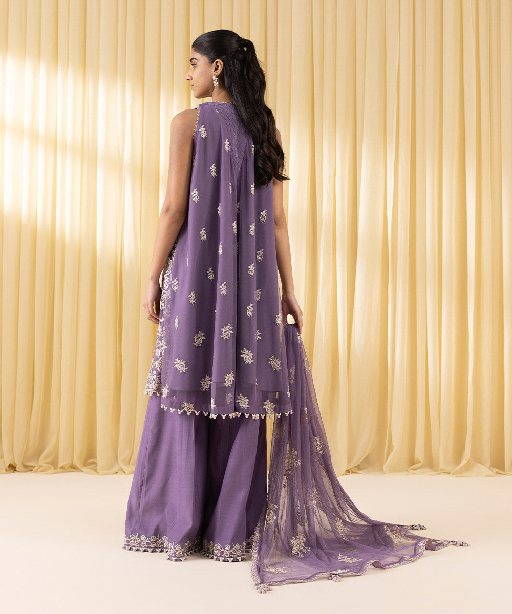 Unstitched Women's Purple Net Embroidered 3 Piece Suit 