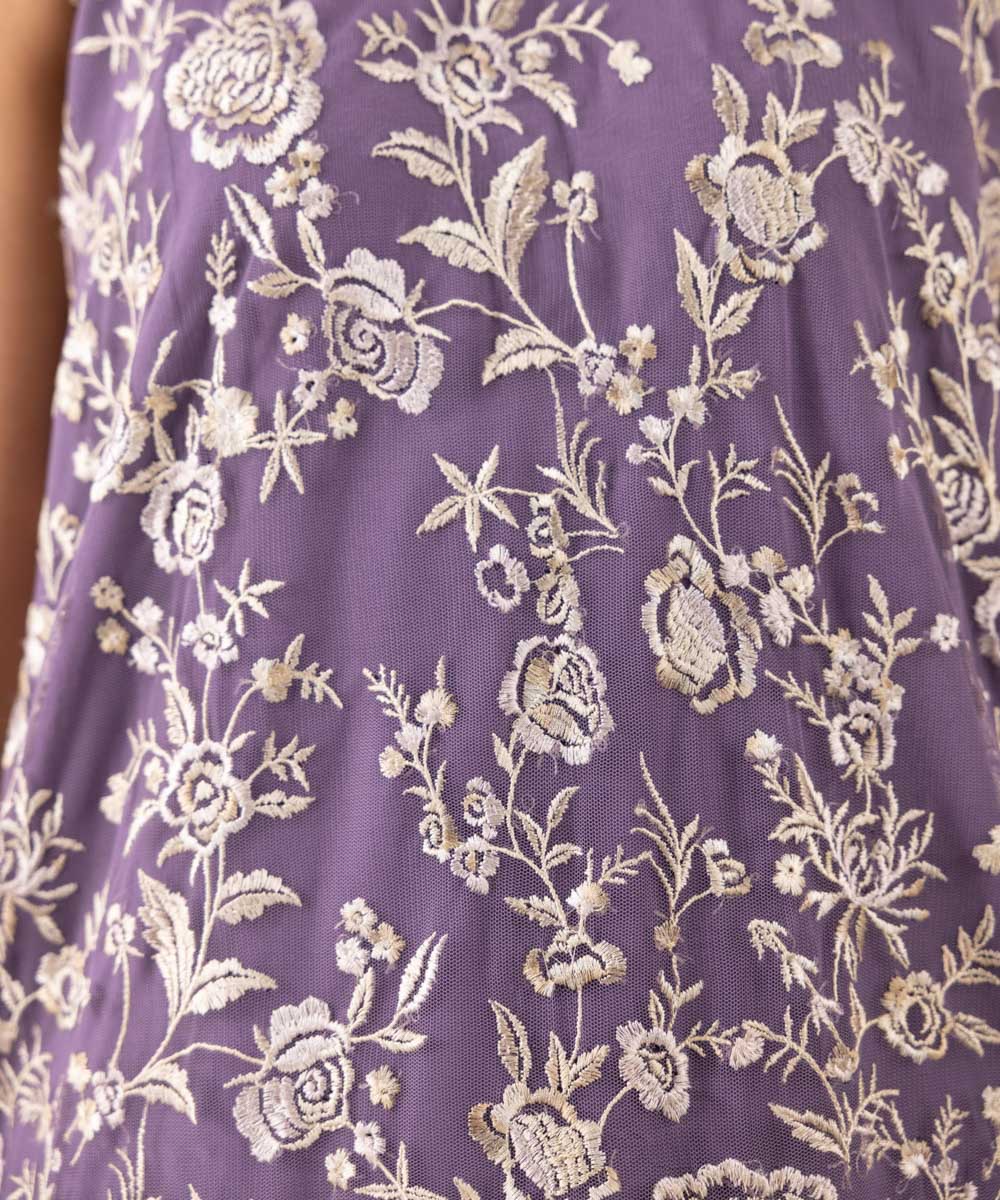 Unstitched Women's Purple Net Embroidered 3 Piece Suit 