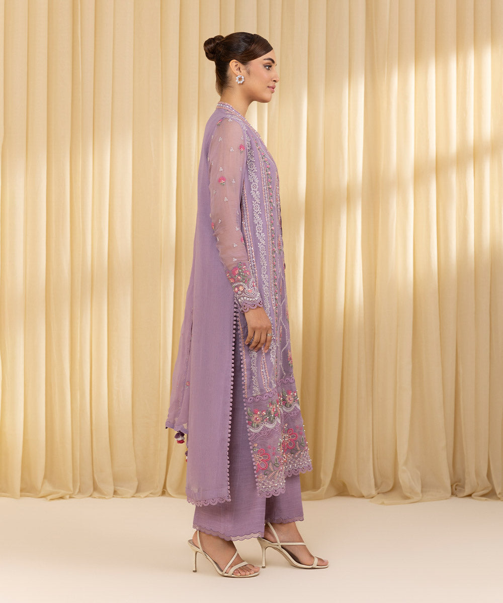 Unstitched Women's Pink Crinkle Chiffon 3 Piece Suit