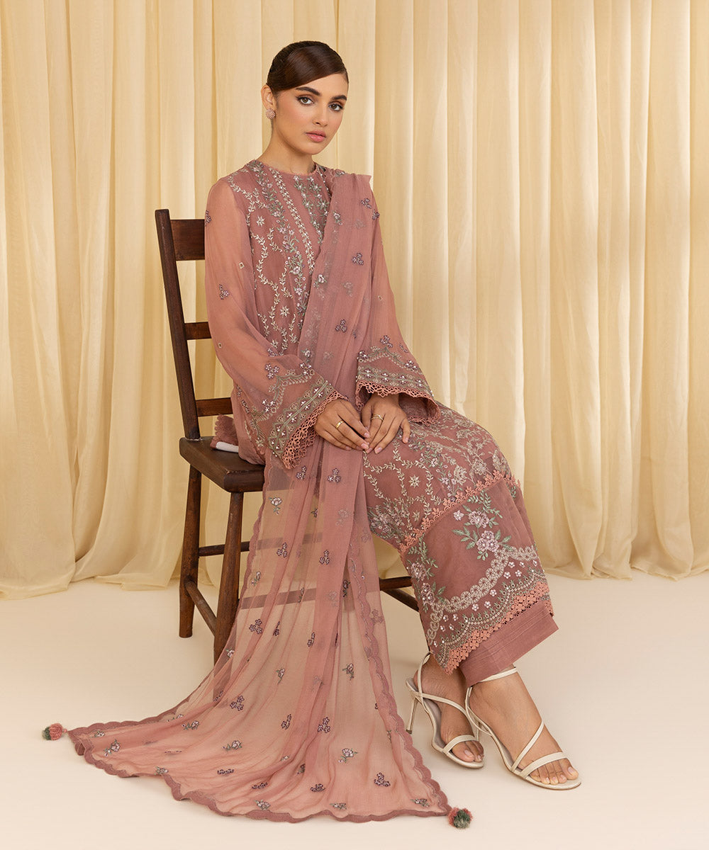 Unstitched Women's Pink Chiffon Embroidered 3 Piece Suit 
