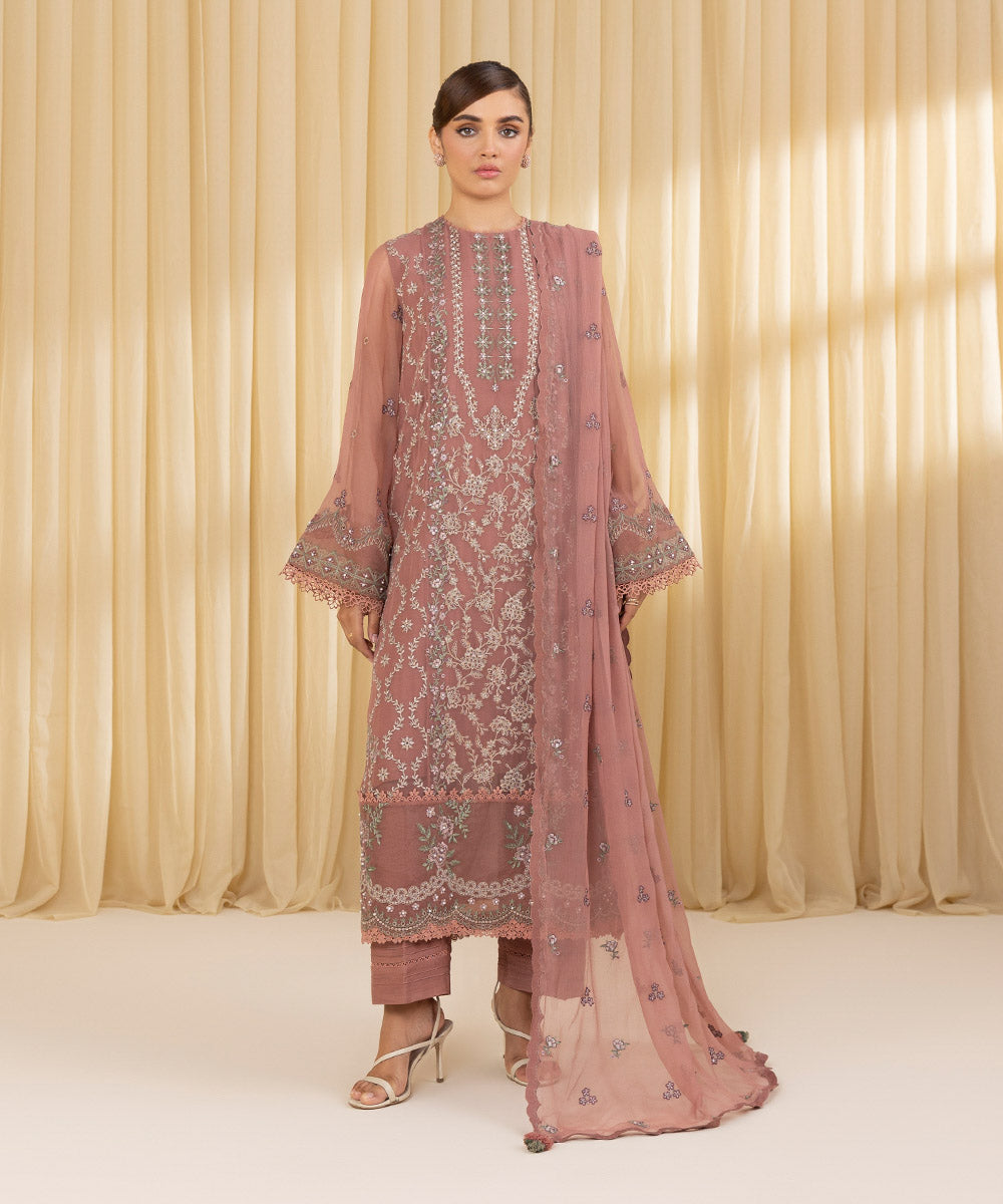 Unstitched Women's Pink Chiffon Embroidered 3 Piece Suit 