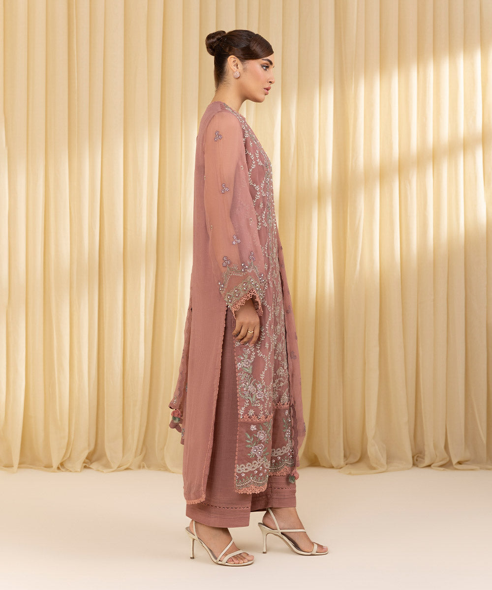 Unstitched Women's Pink Chiffon Embroidered 3 Piece Suit 