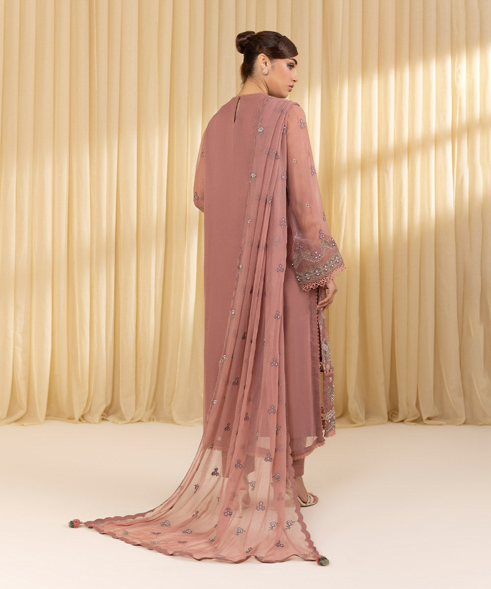 Unstitched Women's Pink Chiffon Embroidered 3 Piece Suit 