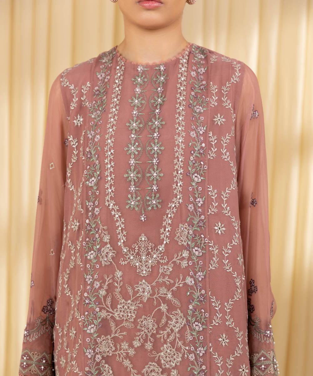 Unstitched Women's Pink Chiffon Embroidered 3 Piece Suit 