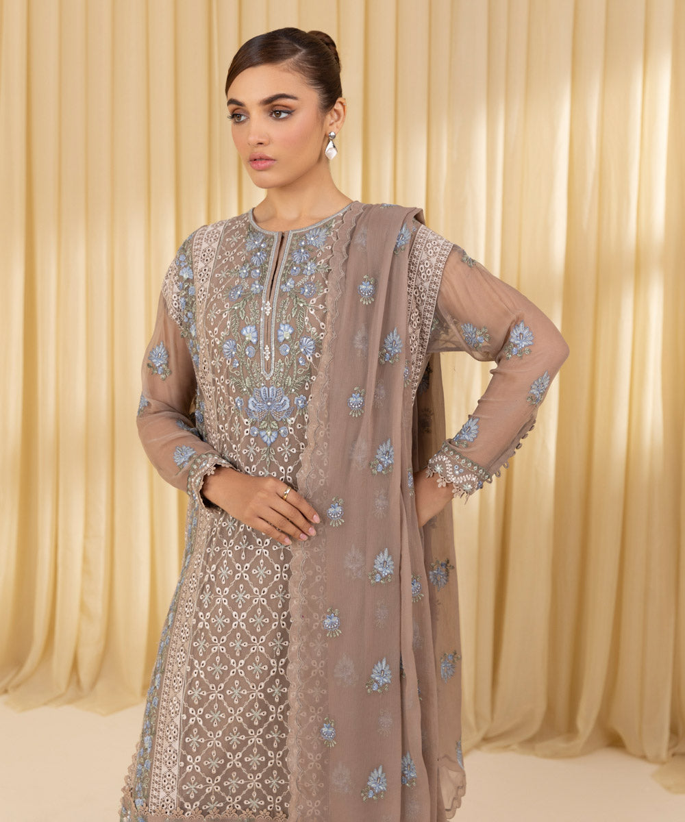 Unstitched Women's Beige Blended Chiffon 3 Piece Suit
