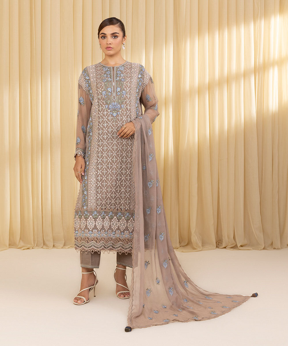 Unstitched Women's Beige Blended Chiffon 3 Piece Suit