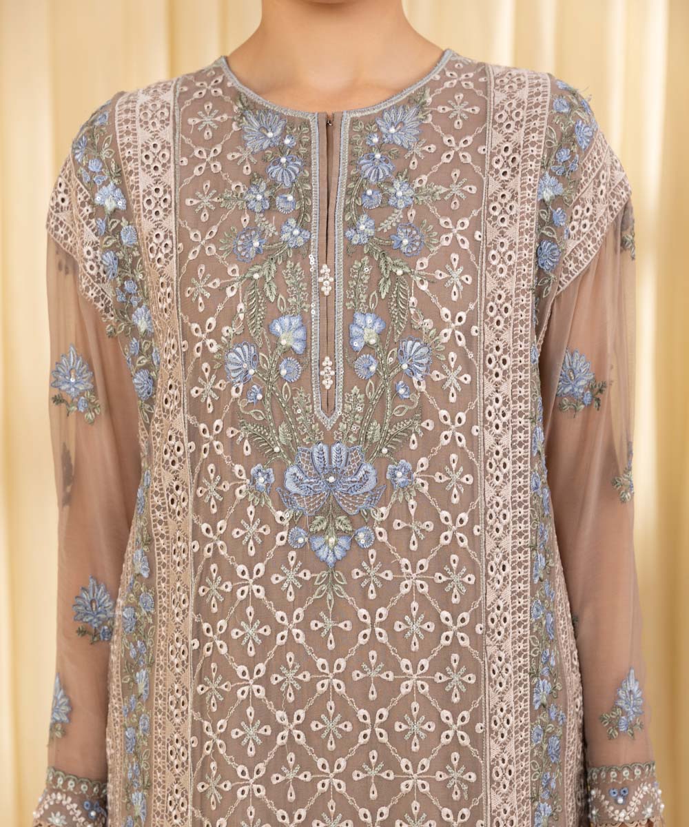 Unstitched Women's Beige Blended Chiffon 3 Piece Suit