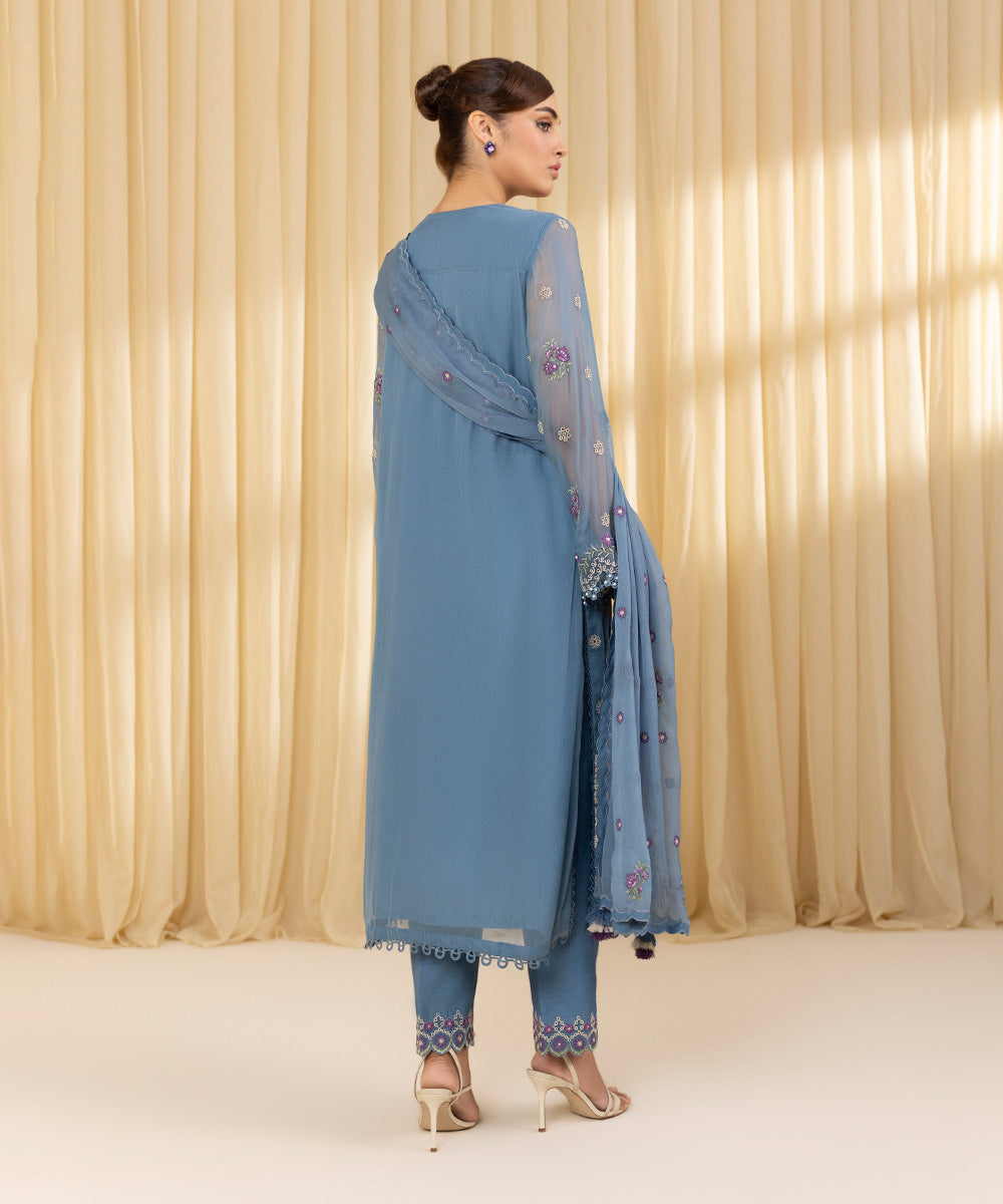 Unstitched Women's Blue Chiffon Embroidered 3 Piece Suit 