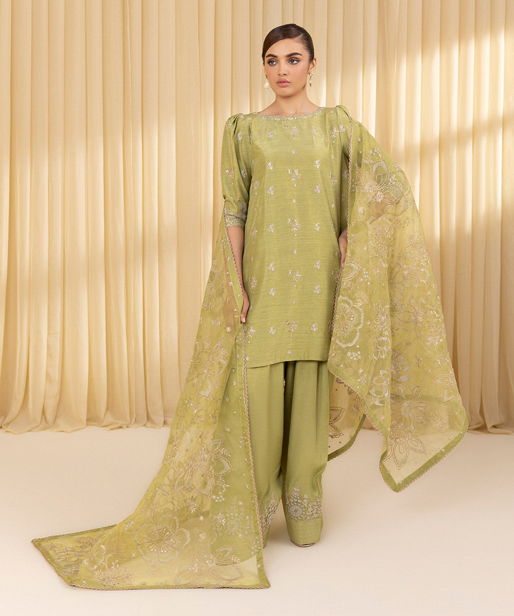 Unstitched Women's Green Raw Silk 3 Piece Suit
