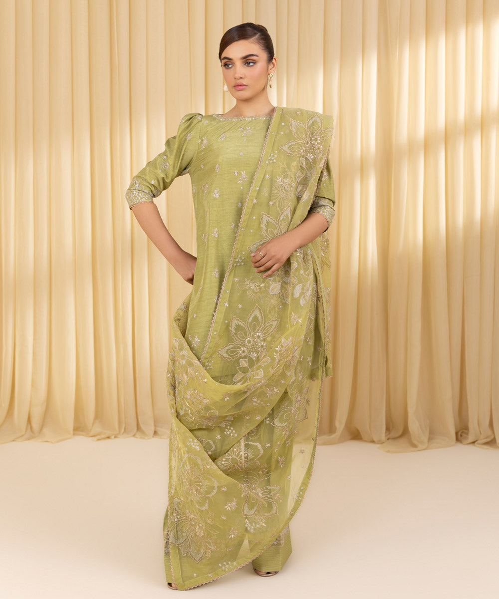 Unstitched Women's Green Raw Silk 3 Piece Suit