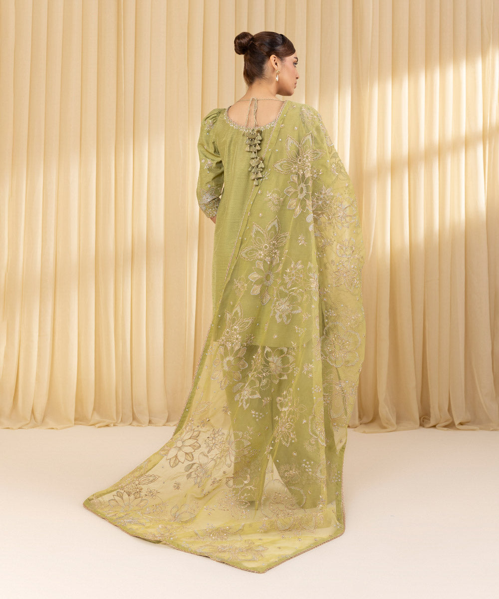 Unstitched Women's Green Raw Silk 3 Piece Suit