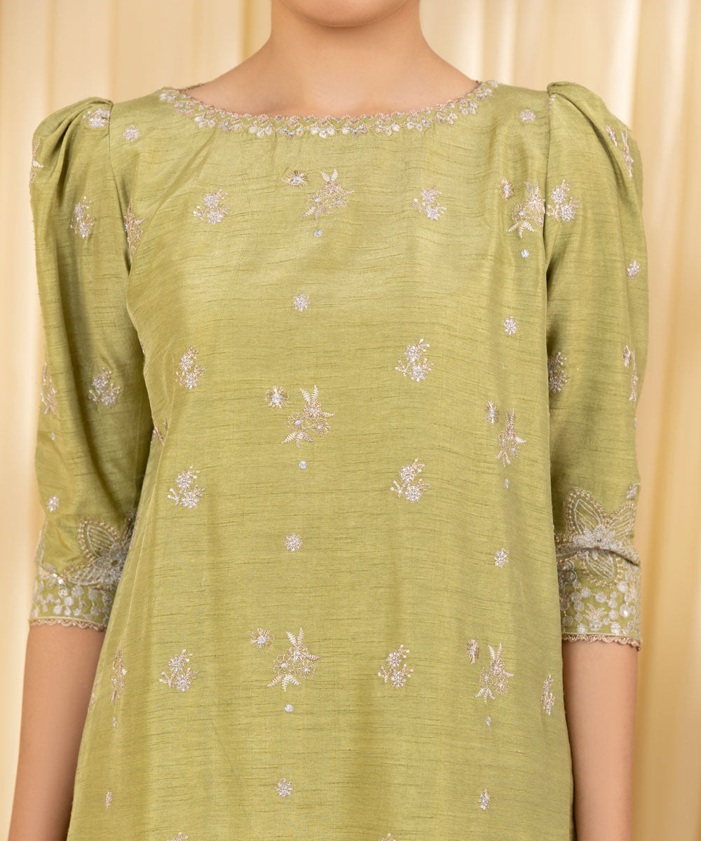 Unstitched Women's Green Raw Silk 3 Piece Suit